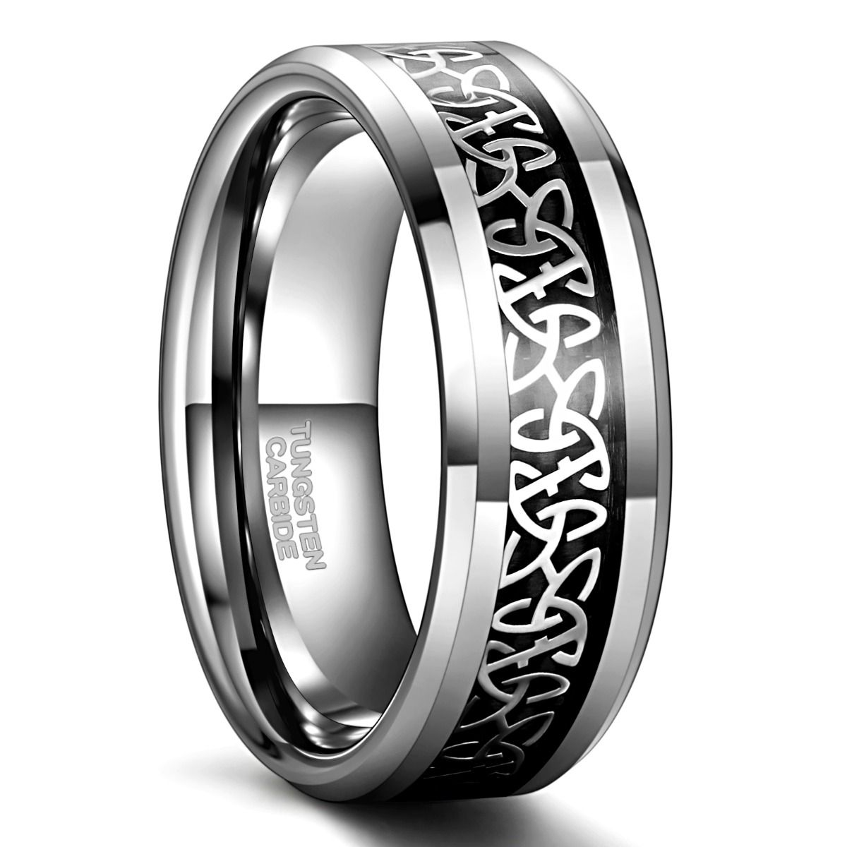 Ringsmaker 8mm Tungsten Carbide Rings Men Women Silver Beveled Edge Celtic Knot Rings Black Carbon Fiber Inlay Ring