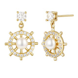 Load image into Gallery viewer, OAHLAN Women&#39;s Ship Wheel Shape Design S925 Sterling Silver White Freshwater Pearl Drop Earrings Fine Jewelry for Wedding Party