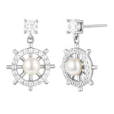 Load image into Gallery viewer, OAHLAN Women&#39;s Ship Wheel Shape Design S925 Sterling Silver White Freshwater Pearl Drop Earrings Fine Jewelry for Wedding Party