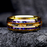 Load image into Gallery viewer, 8mm Gold Plated Tungsten Carbide Ring Triple Groove Design with Galaxy Opal and Gold Foil Inlay Women Men Wedding Band