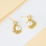Load image into Gallery viewer, OAHLAN Women&#39;s 14K Gold Plated Moon Shaped S925 Sterling Silver Freshwater Pearl Earrings Fine Jewellery for Wedding Parties