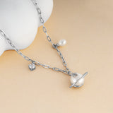 Load image into Gallery viewer, OAHLAN 925 Sterling Silver Link Chain Necklace Lustrous White Pearls Planet Design Engagement or Wedding Gift for Women