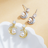 Load image into Gallery viewer, OAHLAN Women&#39;s 14K Gold Plated Moon Shaped S925 Sterling Silver Freshwater Pearl Earrings Fine Jewellery for Wedding Parties