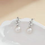 Load image into Gallery viewer, OAHLAN Women&#39;s Rhodium Plated Zircon S925 Sterling Silver White Freshwater Pearl Drop Earrings Fine Jewelry for Wedding Party