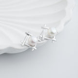Load image into Gallery viewer, OAHLAN Women&#39;s Elegant Geometric S925 Sterling Silver Freshwater Pearl Stud Earrings Fine Jewelry for Wedding Anniversary Gifts